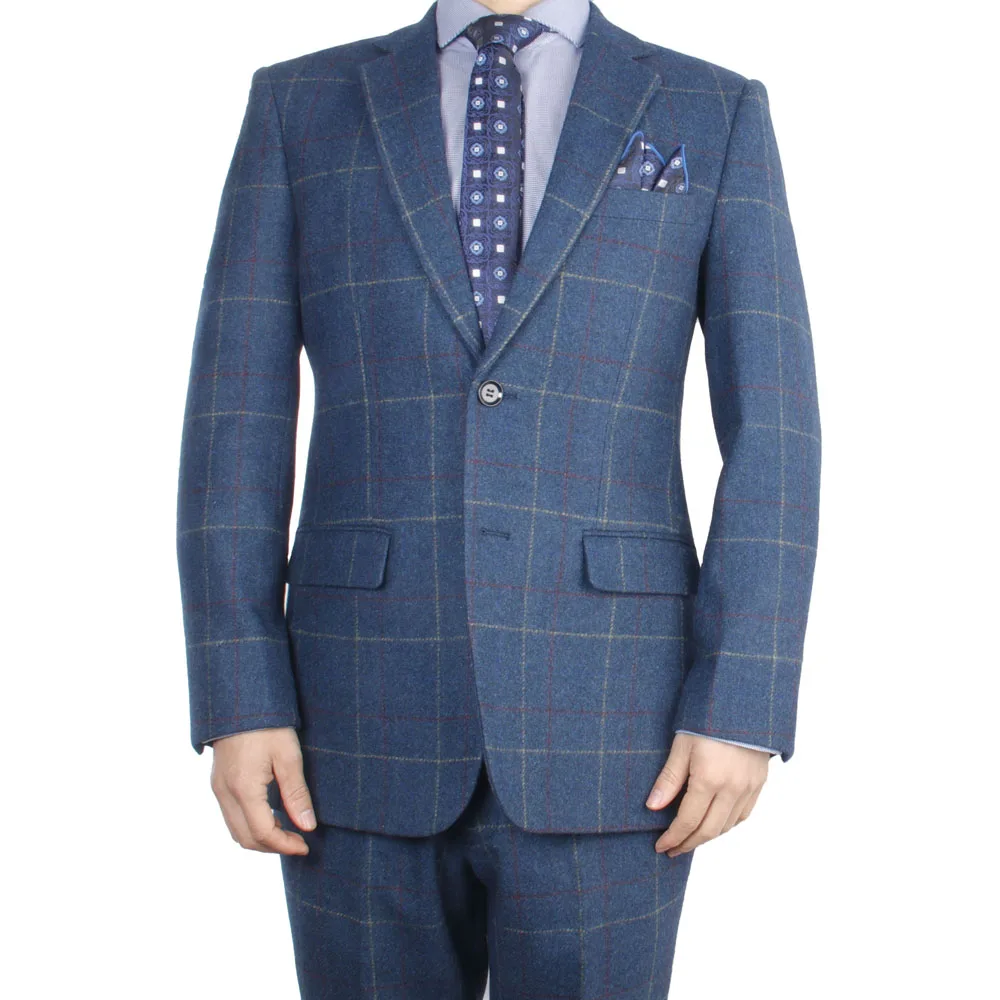 Mens Custom Tailored Suit Blue Windowpane Warm Tweed Suit Men Vintage