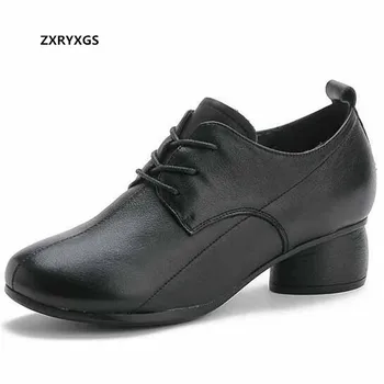 

2020 Autumn New Top Cowhide Lace-up Thick-heels Women Leather Shoes Women's Shoes Comfortable Fashion Casual Shoes High Heels