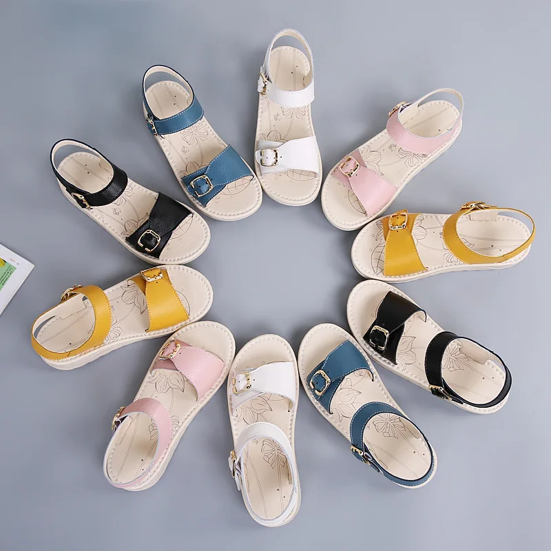 

New Style Summer Genuine Leather Korean-style Low Heel Sandals Student Anti-slip A- line Buckle Flat Versatile Anti-slip Candy-C