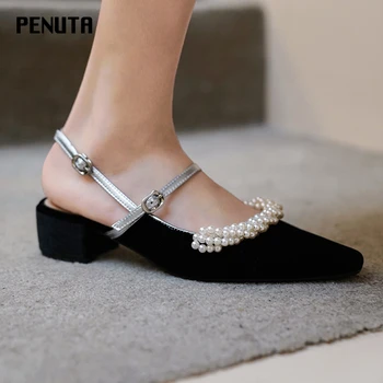 

2020 PENUTA Chunky Sandals Square Toe Slingback Party Shoes Pearl Beaded Block Heel Shoes Black Korean Sandals Women New X0001