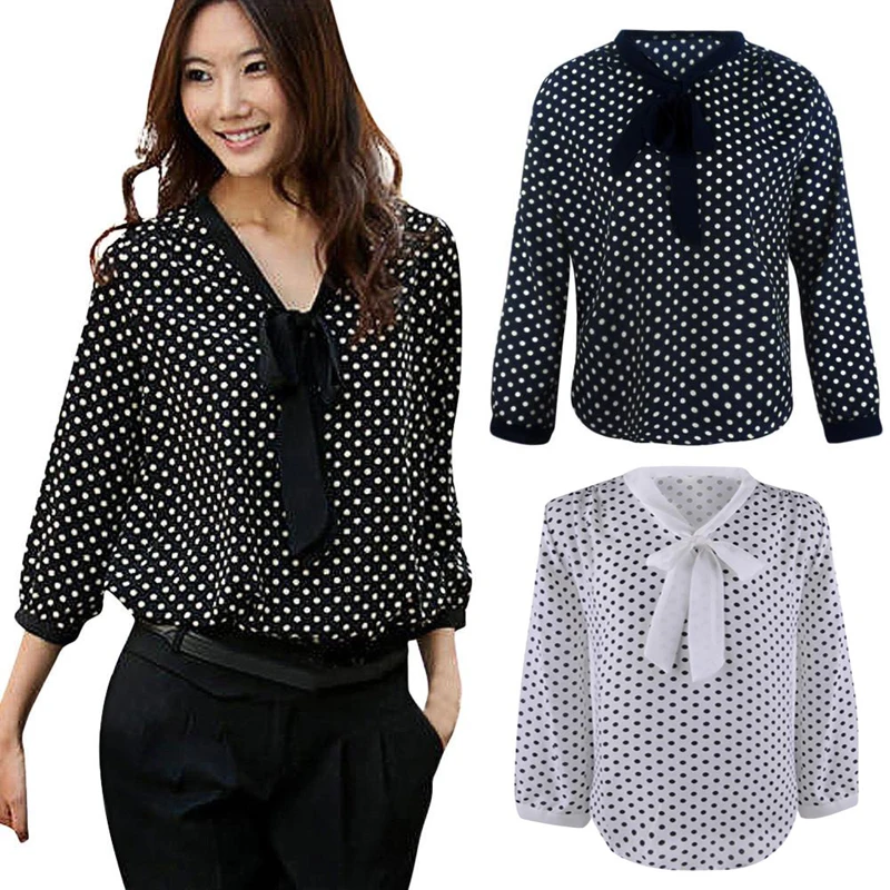 Блузка женская шифоновая в горошек с бантом и V-образным вырезом | Женская одежда