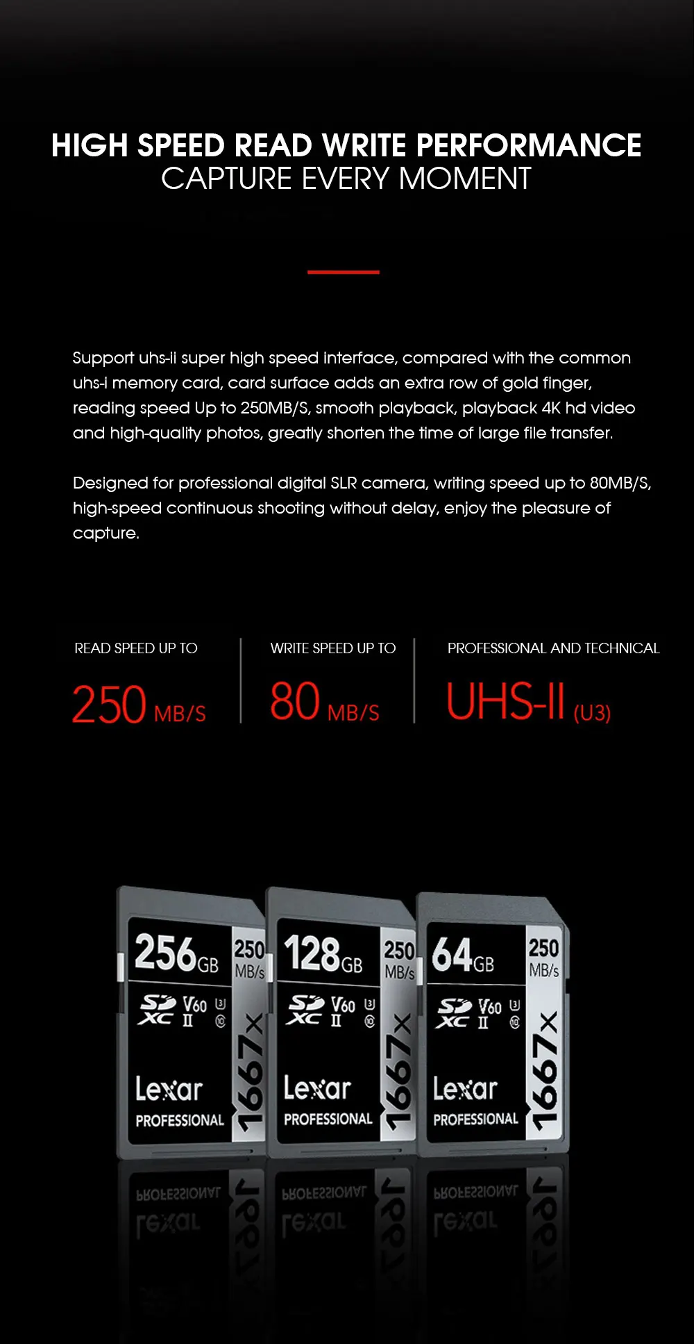 Рекламная 250 МБ/с./с 1667x Lexar sd карта 128 ГБ 256 ГБ SDXC U3 карта 64 Гб SDHC класс 10 SD карта памяти для 3D 4K видео камеры