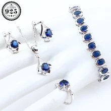 Серебро 925 Голубой цирконий Свадебные Ювелирные наборы украшения для свадебного наряда женский браслет серьги ожерелье кулон Набор подарочных коробок