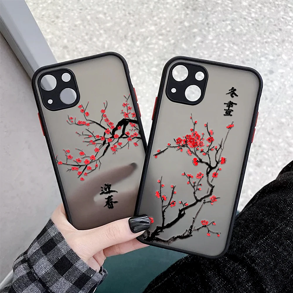 Plum Blossom Flower Iphone 13 12 XS 11 Pro Max Mini Chinese Style Painting Case for  X XR SE2020 7 8 Plus Red Floral Design Case