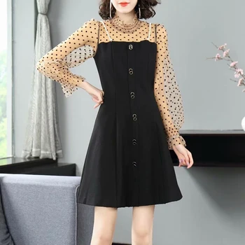 

Autumn Style Sexy Tulle Polka Dot Trumpet Sleeve Stitching Beading Self-Cultivation Temperament Elegant Dress Women'S Clothing