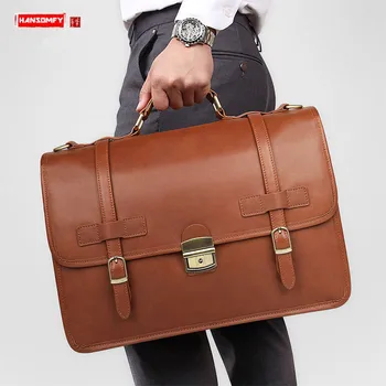 

Men's Briefcase Men Business Lock Handbag Male Laptop Bag Travel Shoulder Bags Real Genuine Leather Large Capacity Waterproof
