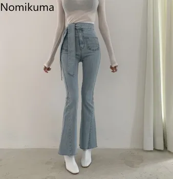 

Nomikuma Fashion High Wiast Lace Up Jeans Women Pants Korean Office Lady Demin Trousers 2020 New Stretch Slim Flare Pants 3Z217