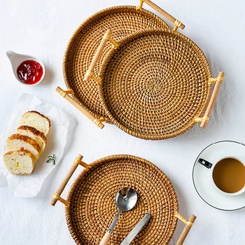 

Rattan Tray Round Basket Handle Rattan Woven Basket Hand-Woven Storage Tray Wicker Basket Snack Fruit Plate Handicrafts Durable