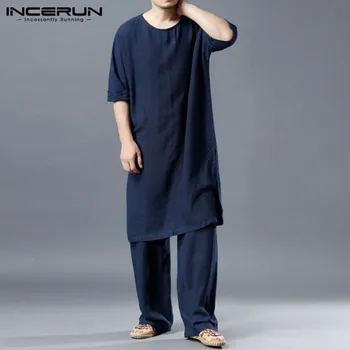 

INCERUN Men Chinese Style Sets Cotton Loose Vintage Solid Half Sleeve Long Tops Straight Long Trousers Casual Men Comfy Suits 7