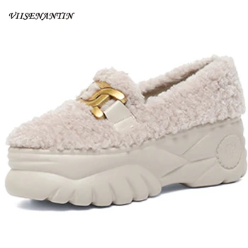 

Thick-soled Platform Outer Wearing Casual Furry Loafers Shoes Round Toe Slip-On Metal Decor Autumn Winter Chunky Velvet Shoes