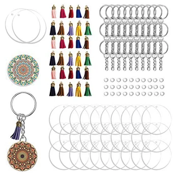 

30 Set 2 Inch Round Acrylic Discs with Keyring Keychain and Tassel Pendants for DIY Craft Projects
