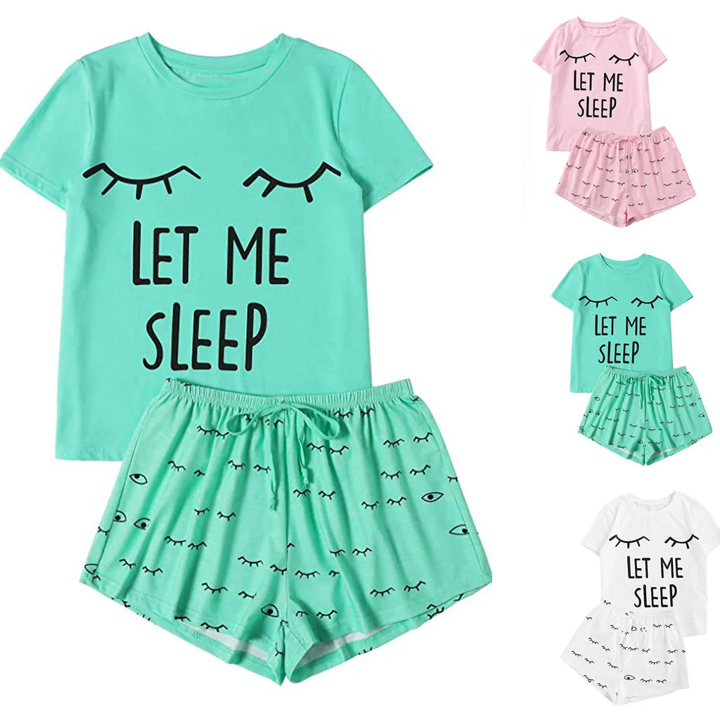 

Women's Smile Printed Pajamas Set Cotton Girls Casual Shorts Short Sleeve Ruffled T-Shirt Sleepwear Nightwear Set pyjama femmeG1