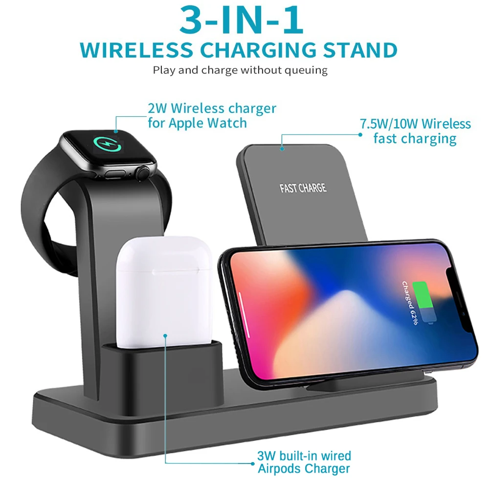 

10W Qi Wireless Charger 3 in 1 Fast Charging for Apple Watch Charge Dock Station for iPhone 8 XR XS Max AirPods Huawei Samsung
