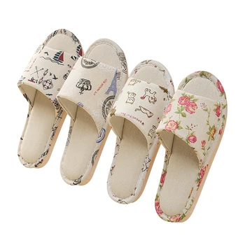 Women Casual Floral Home Slippers Soft Non-slip Foam Bottom Slippers Spring Autumn Indoor Couple Linen Slipper Flip Flops Slides 1