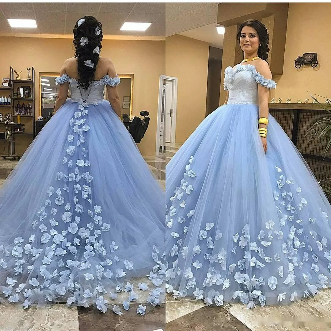 Cinderella Baby Blue Quinceanera Dresses With Handmade Flower Florals Off The Shoulder Ball Gown Prom Dress Sweet 16 Engagement Recepition Vestidos 15 anos