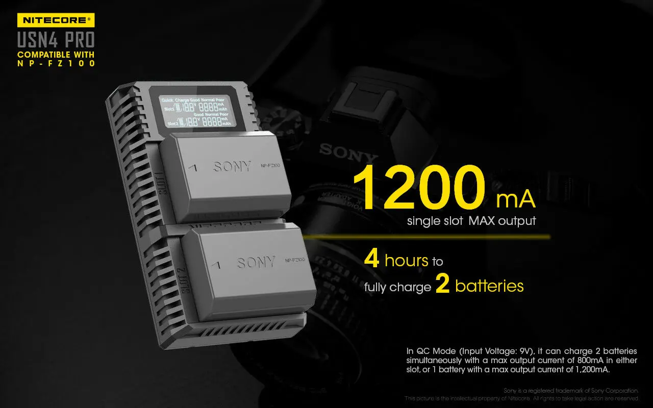 Nitecore USN4 PRO Цифровое зарядное устройство с двумя слотами для камеры для sony Batteries батареи, совместимо с a7 III, a7R III, a9