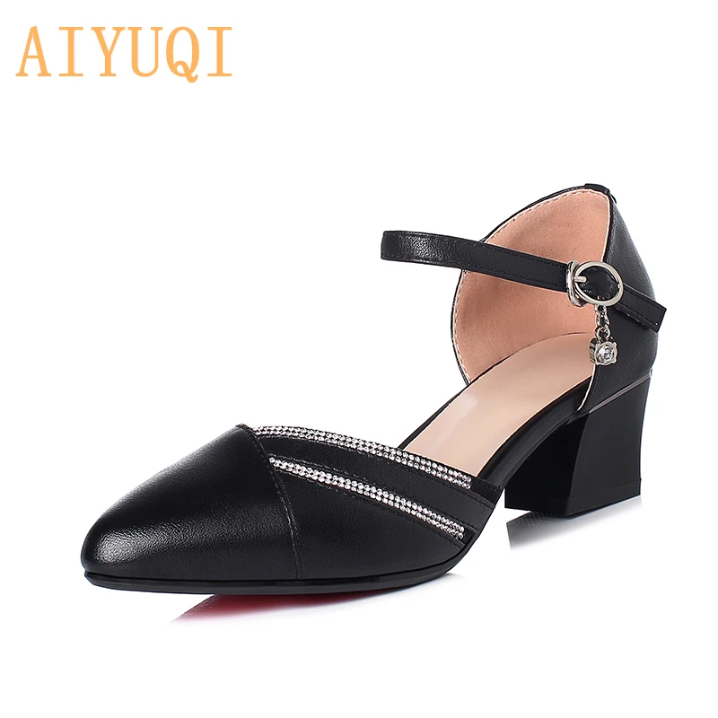 

AIYUQI Summer Genuine Leather Women Shoes 2020 New Baotou Hollow With a Word Buckle Fashion Thick Heel Women Office Shoes