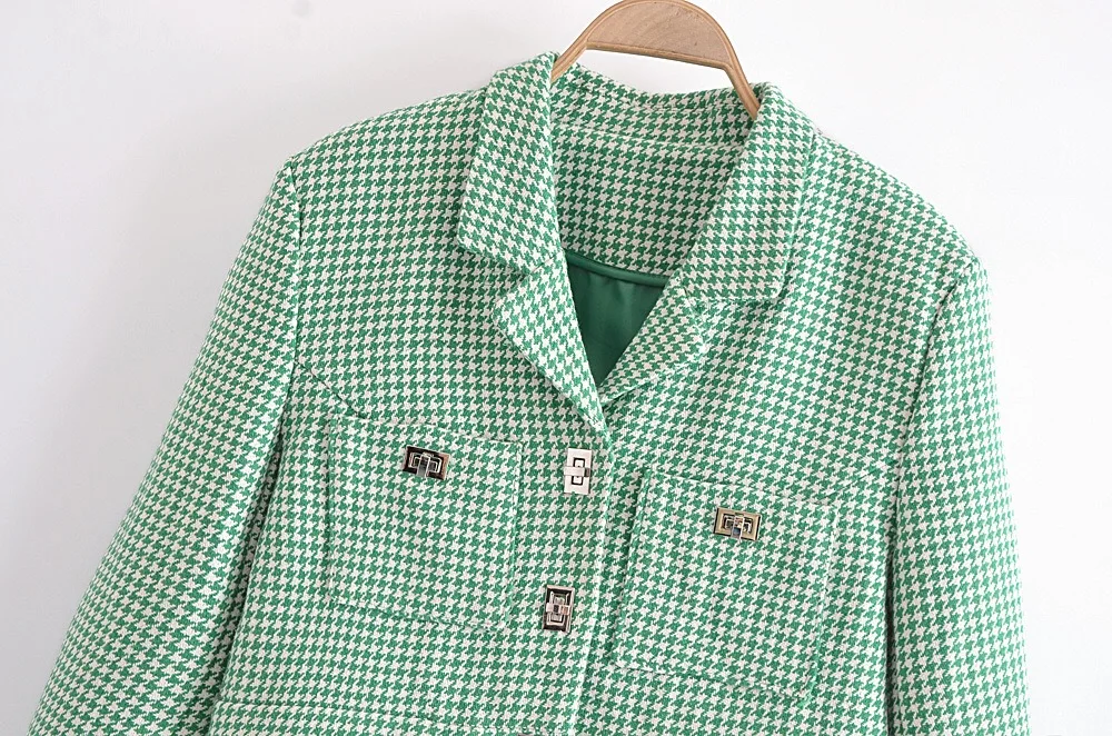 Retro French Style Green Check Plaid Weavon Cropped Blazer Women Notched Metal Buckle Buttons High Waist Suit Short Coat Outwear