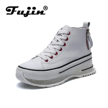 

Fujin Women Boots White Black Genuine Leather Cow Women Sneakers Soft Zipper Platform High Heel High Top Sneaker Soft Breathable