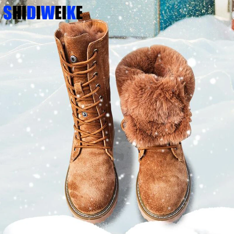 

2019 Square heel Snow boots for women Round Toe women shoes Low winter shoes women Lace-Up furry boots g687