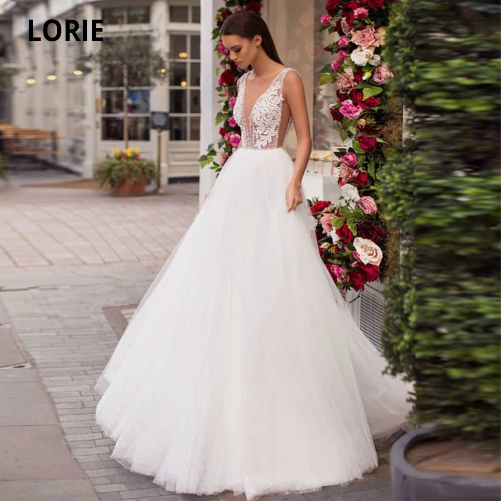 LORIE Kant Trouwjurken Boho 2020 Baljurk Witte Tulle Bruidsjurken Open Back Prinses Wedding Partij Jassen Plus Size LORIE Kant Trouwjurken Boho 2020 Baljurk Witte Tulle Bruidsjurken Open Back Prinses Wedding Partij Jassen Plus Size