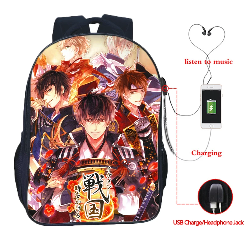 Рюкзак Ikemen Sengoku Toki Wo Kakeru Koi с USB-зарядкой для мальчиков и девочек школьный ранец