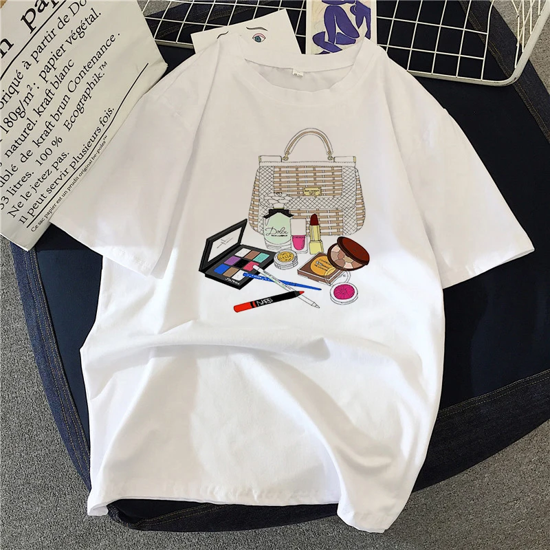 The girl and her decorations Print T shirt Women Fashion Tshirt O neck Short Sleeve Harajuku T shirt White Tops Female Tops