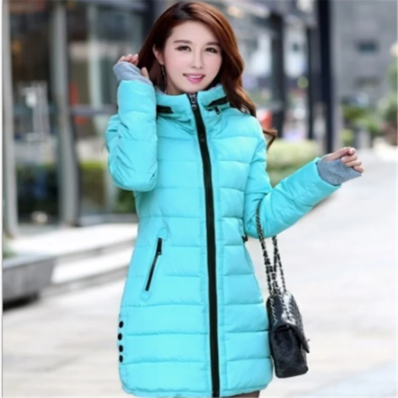Ladies Winter Large Size Hooded Warm Jacket Candy Color Cotton Lining  Jacket Ladies Long Section Parker Coat Ladies Jacket