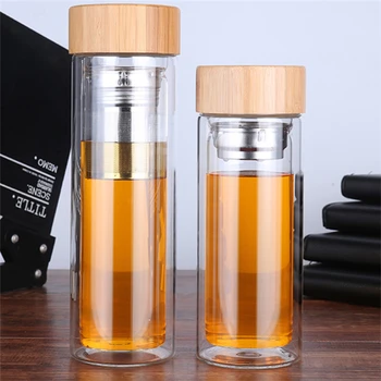 Tea Bottle Glass Bottled Water Bottle Infuser With Filter Strainer Borosilica Double Wall Drink Bamboo Lid 450ml Car Drinkware 2