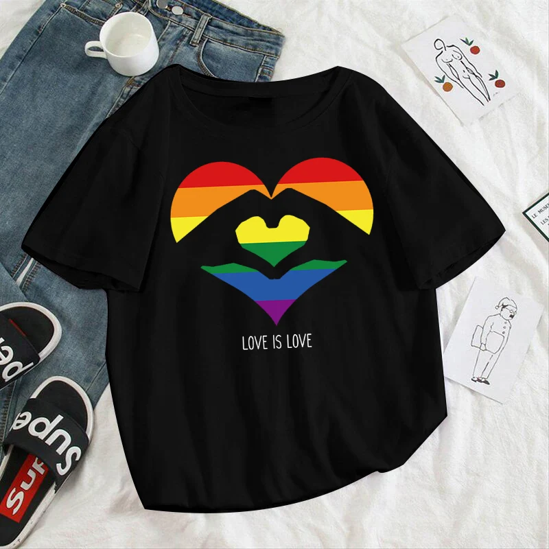 Women'S Tshirts Black Short Sleeve 90S Ladies Kawaii Rainbow Heart Pattern Printed Base Shirt Tee-Shirt T-Shirt Clothes | Женская