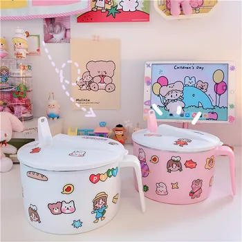 

2020 cute cartoon Noodle Bowl with Lid Handle Stainless Steel Plastic Leak-Proof Food Container Rice Soup Bowls