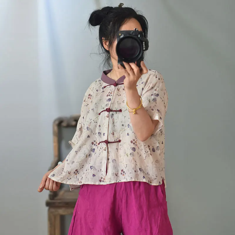 Women Loose Ramie Printed Shirts Tops Ladies Vintage Print Ramie Blouse Female Ramie Tops Shirt 2020 Summer 2