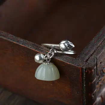 

FNJ Lotus Flower Rings 925 Silver Adjustable Size Open Popular S925 Solid Silver Ring for Women Jewelry Fine Natural Hetian Jade