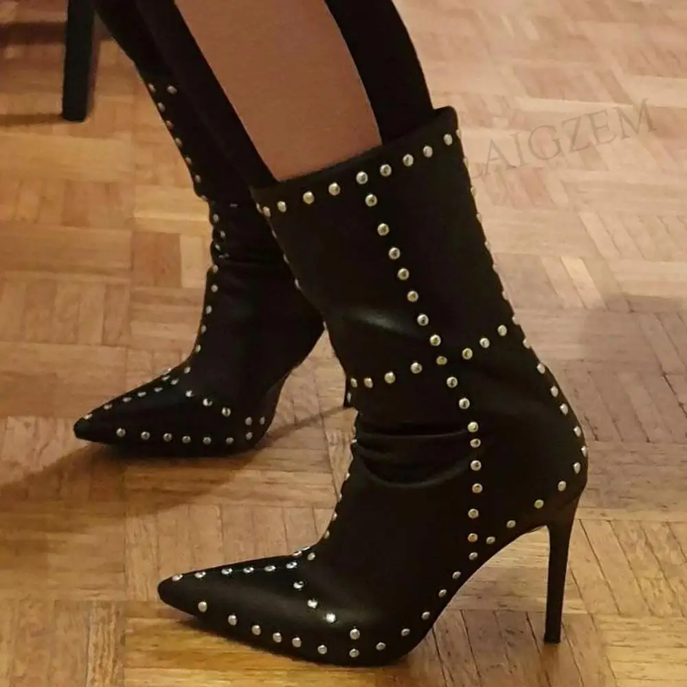 

SEIIHEM Women Ankle Boots Side Zip Boots High Heels Pointed Toe Party Club Studded Shoes Woman Botas Sapato Large Size 43 44 47