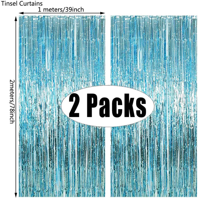 2Pack Party Backdrop Metallic Foil Fringe Tinsel Curtain Adult Kids Birthday Party Wedding Decoration Baby Shower Favor Supplies blue