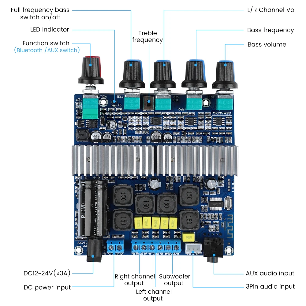 TPA3116 Plošča ojačevalnika za nizkotonec 2.1 kanalni visokozmogljivi Bluetooth 5.0 avdio ojačevalniki DC12V-24V 2*50W+100W ojačevalnik_voghion.com