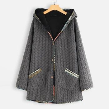 

Women Cotton Coat Loose Autumn Winter Fashion Coat Contrast Color Stitching Long-sleeved Large Size Hooded Coats