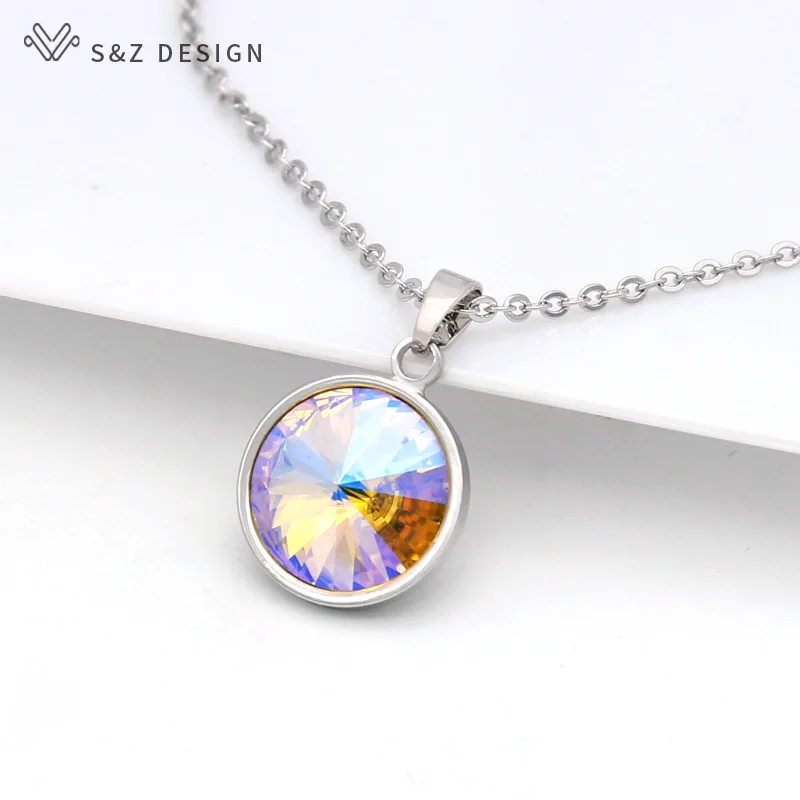 S&Z DESIGN New Fashion Round Crystal Pendant Necklace For Women Wedding Jewelry Lover Gift 585 Rose Gold Color