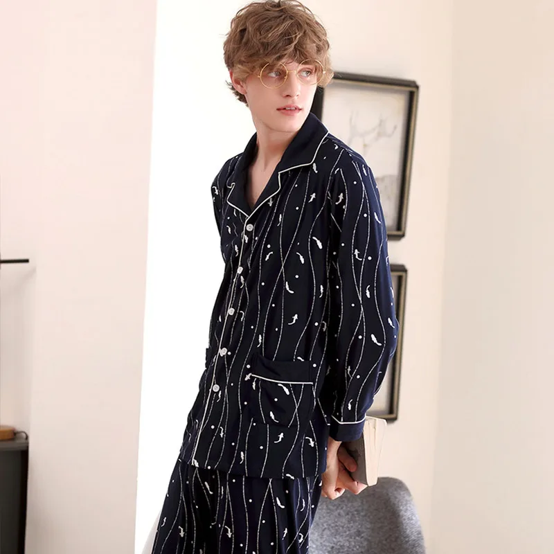 Aolamegs Men Pajamas Set Cute Striped Print Sleepwear Soft Turn-down Baggy Cartoon Comfortable Simple Style Male Homewear Autumn Aolamegs Men Pajamas Set Cute Striped Print Sleepwear Soft Turn-down Baggy Cartoon Comfortable Simple Style Male Homewear Autumn