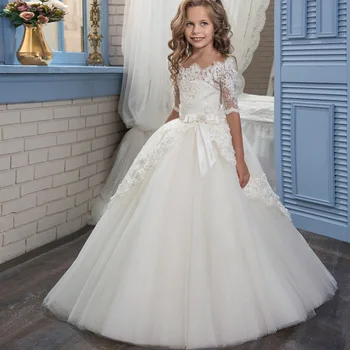 

Classic Style Flower Girl Dresses Floor Length Lace Half-Sleeve Ball Gown Girls' Festival Dress White Bridesmaid Dress Kids