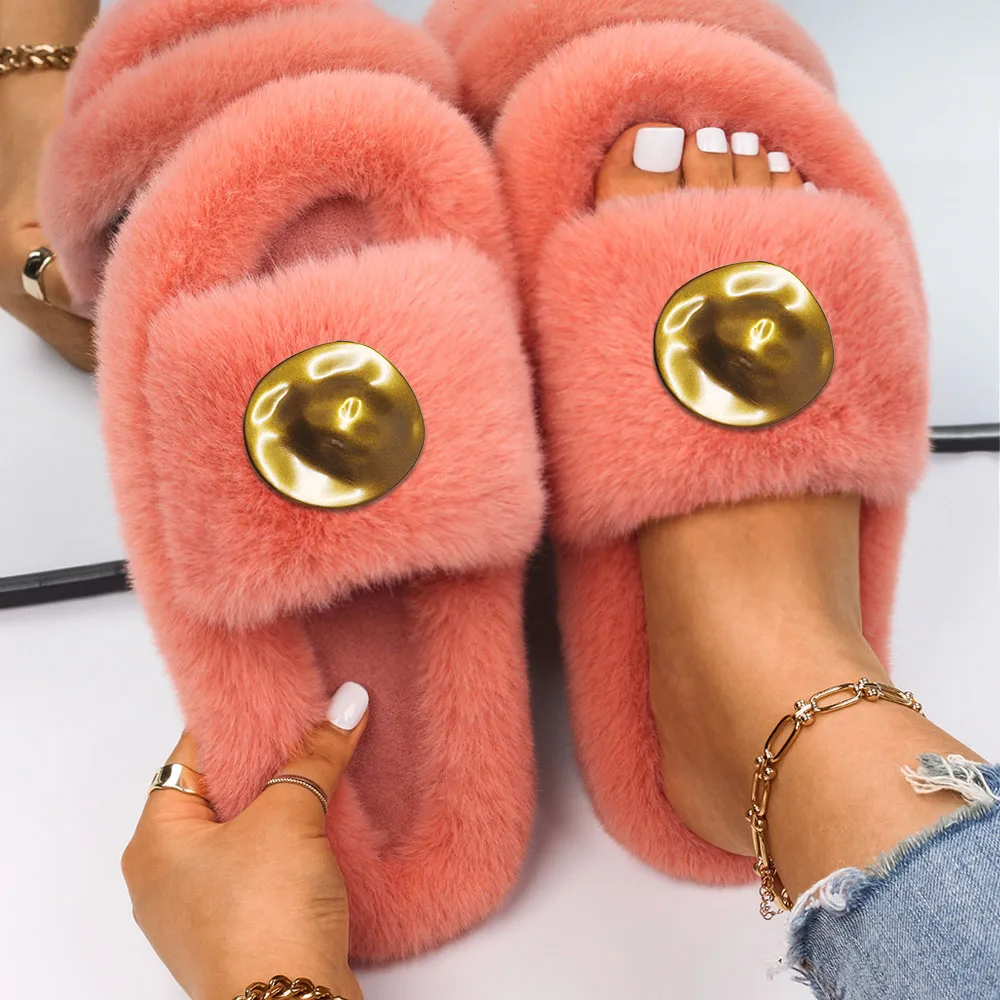 Women's Slippers Shoes Fluffy Flip Flops Luxury Designer Metal Furry Slides Fashion Platform Sandals Outdoor Slippers 2022 New