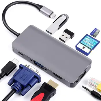 

9 IN 1 USB HUB to USB C HUB 4K HDMI VGA USB 3.0 AUX Adapter Dock For MacBook Pro/Air Huawei Xiaomi Samsung S9 S8 Type-C HUB