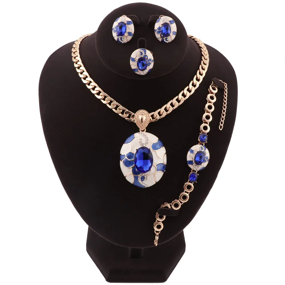 Модный Голубой кристаллический кулон ожерелье набор эмалированные Ювелирные наборы золотой цвет цепи ожерелье серьги наборы для женщин подарок для девочек