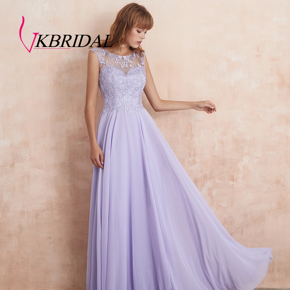 VKbridal Tank Top Illusion neck Chiffon Prom Wedding Party Gowns with Crystal Backless A-Line Lace Bridesmaid Dresses Long