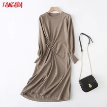 Tangada женское однотонное плиссированное платье-свитер миди с круглым вырезом и длинным рукавом, корейская мода, зимнее толстое теплое вязаное платье YU26