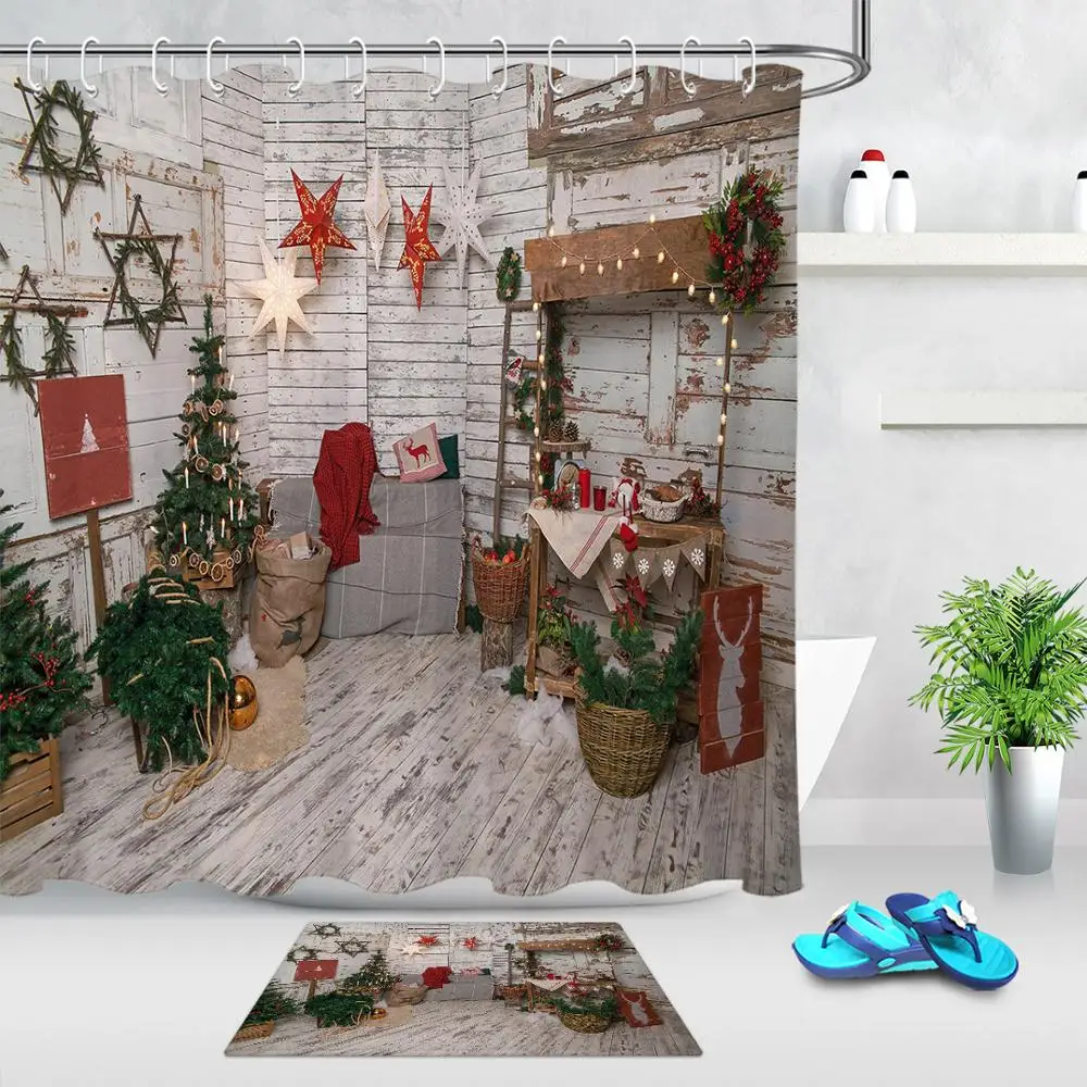 Merry Christmas Beautiful Room with New Year Bathroom Polyester Waterproof Decoration Fabric Shower Curtain 12 Hooks &amp Doormat | Дом и сад