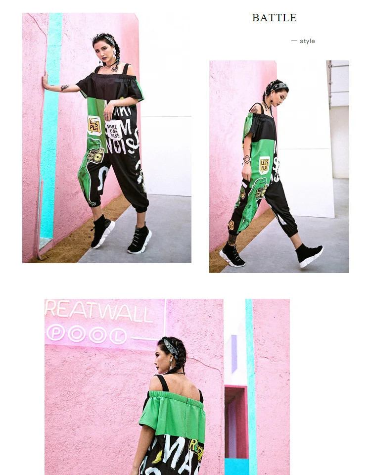 Rock Baggy Rompers Women Cartoon Dinosaur Printed Letters Overalls Sleeveless Jumpsuit Hip Hop Dance Streetwear Plus Size Pants