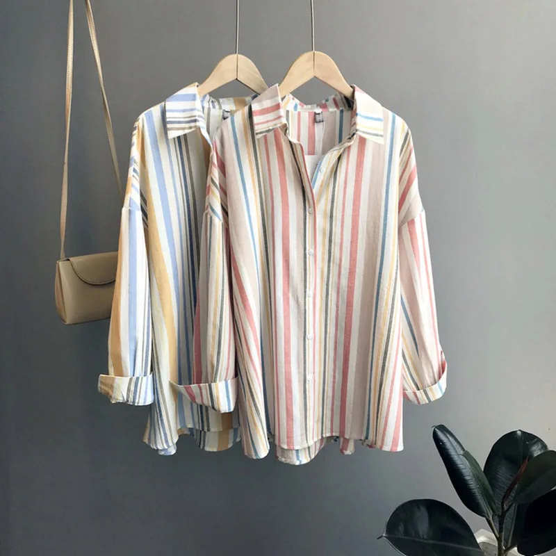 

Spring Autumn Female Boyfriend Shirt Striped Blouse Long Loose Oversize Ladies Comfort Soft Blusas Boho Tender Cardigan