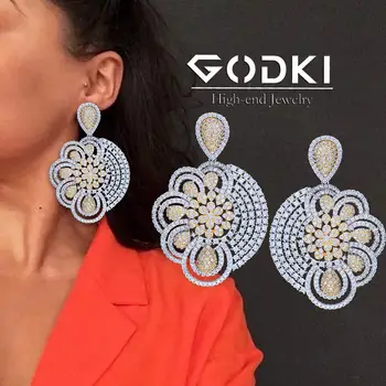 

GODKI Super Luxury Hollow Flower African Dangle Earring For Women Wedding Cubic Zirconia DUBAI Bridal Earring Party Jewelry 2020