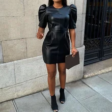 Женские вечерние, сексуальные платья с пышными рукавами, кожаные платья, женские винтажные платья с коротким рукавом, женские платья, облегающие Мини платья D35